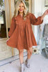 Bracelet Sleeve Split Neck Scallop Detail Pleated Corduroy Mini Dress
